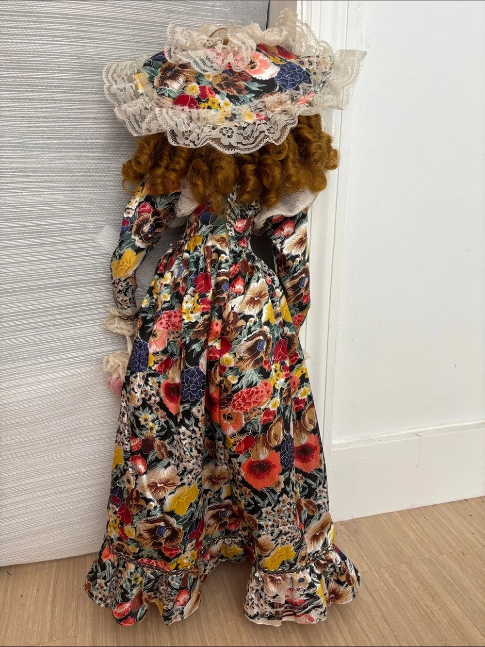Unique Vintage Porcelain Doll in Pink Floral Gown with Lace Hat